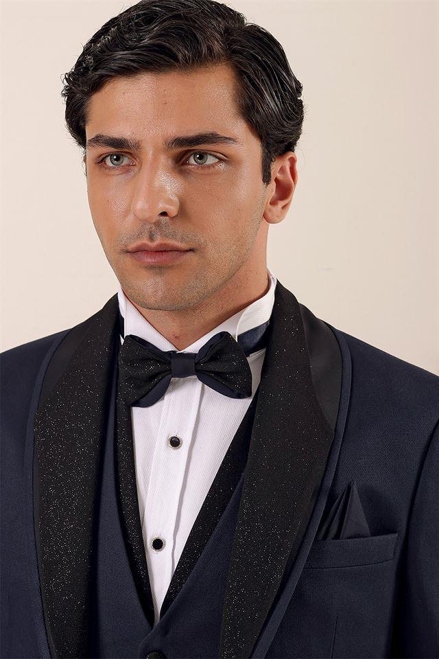 Lacivert Desenli Yelekli 6 Drop Slim Fit Smokin Damatlık Takım 1001230204