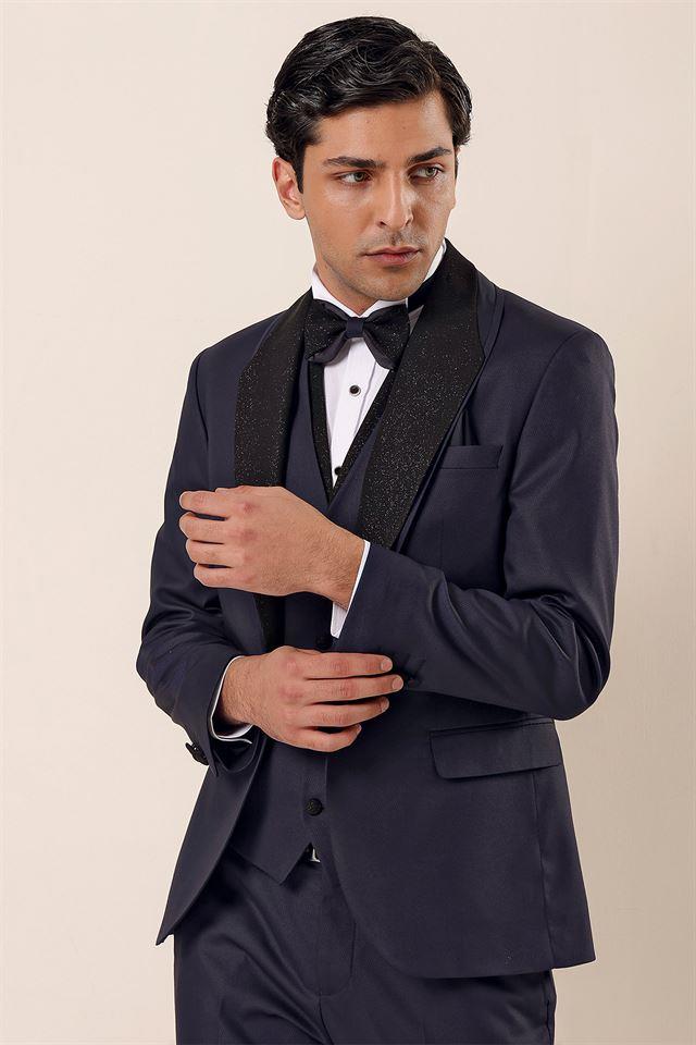 Lacivert Desenli Yelekli 6 Drop Slim Fit Smokin Damatlık Takım 1001230203
