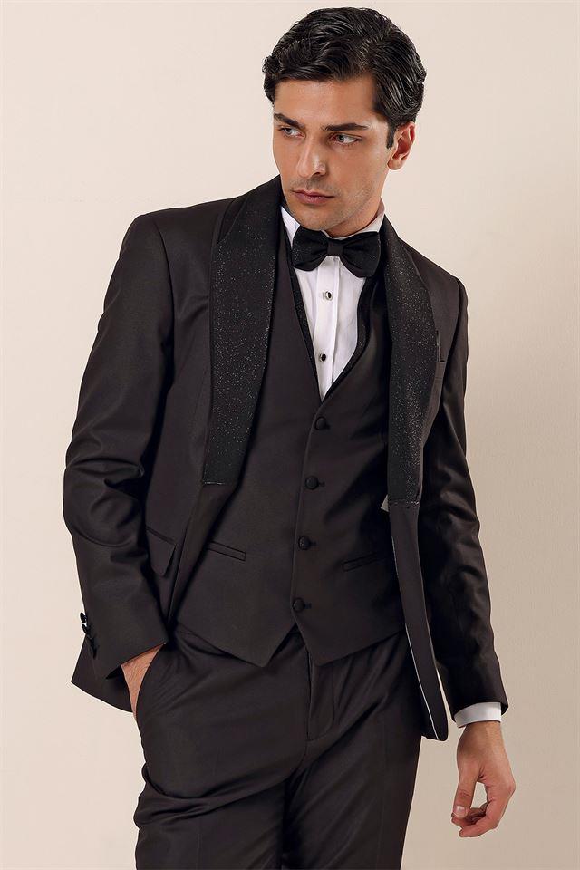 Siyah Desenli Yelekli 6 Drop Slim Fit Smokin Damatlık Takım 1001230203