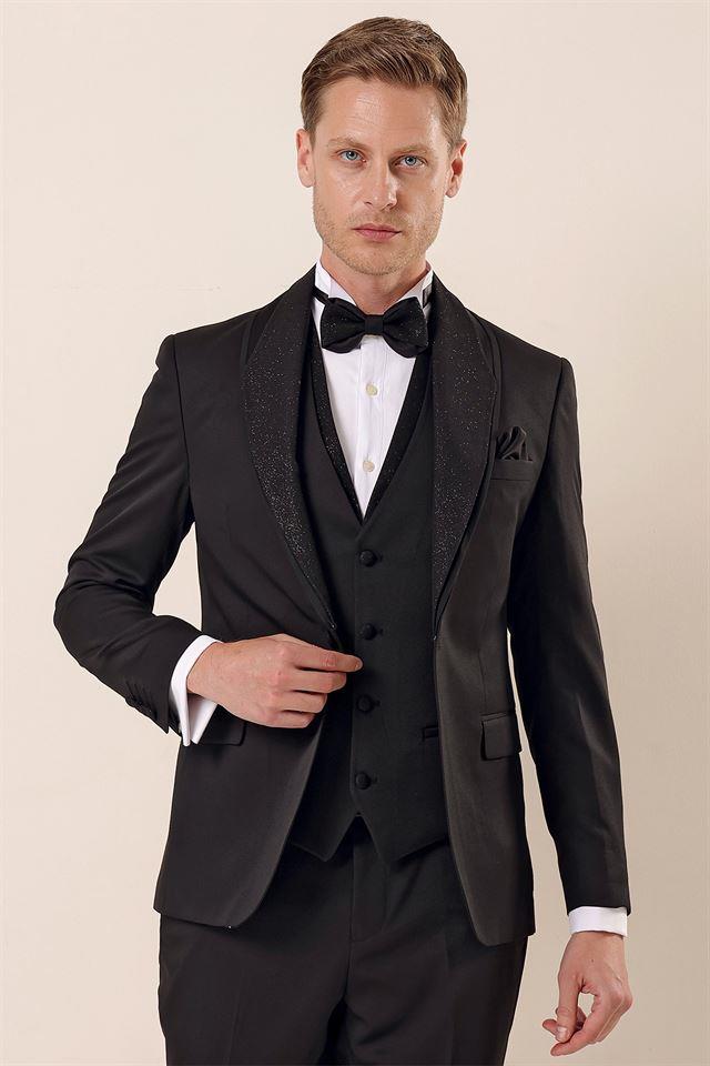 Siyah Desenli Çıkarılabilir Şal Yaka Yelekli 6 Drop Slim Fit Smokin Damatlık Takım 1001230210