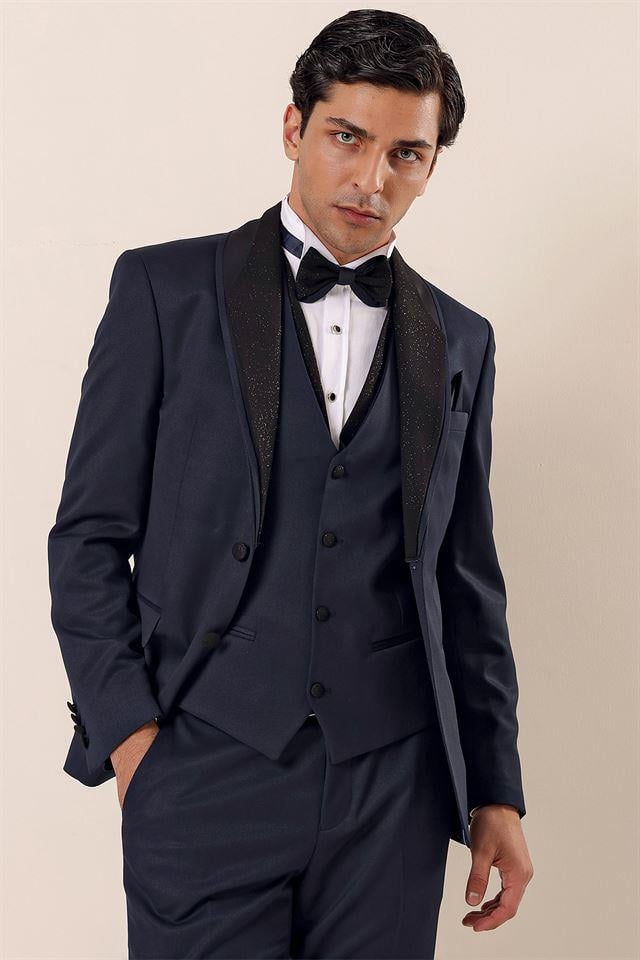 Lacivert Desenli Yelekli 6 Drop Slim Fit Smokin Damatlık Takım 1001230204