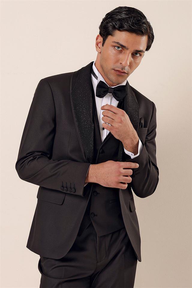 Siyah Desenli Yelekli 6 Drop Slim Fit Smokin Damatlık Takım 1001230203