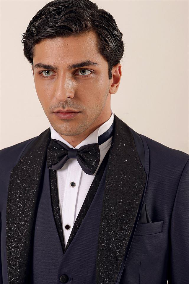 Lacivert Desenli Yelekli 6 Drop Slim Fit Smokin Damatlık Takım 1001230203