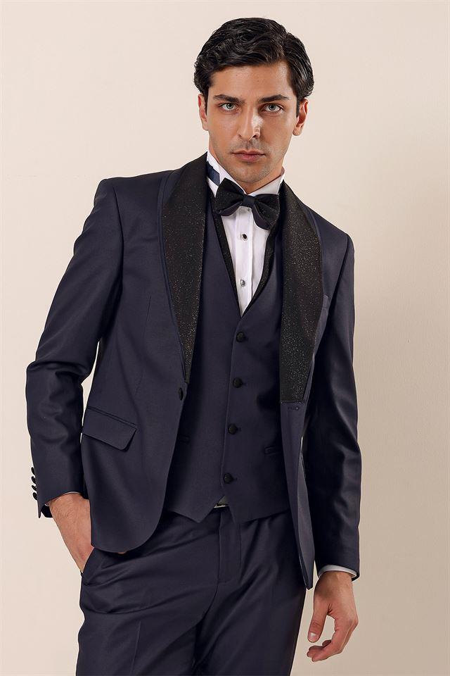 Lacivert Desenli Yelekli 6 Drop Slim Fit Smokin Damatlık Takım 1001230203
