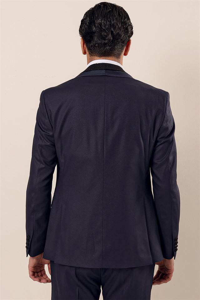 Lacivert Desenli Yelekli 6 Drop Slim Fit Smokin Damatlık Takım 1001230203