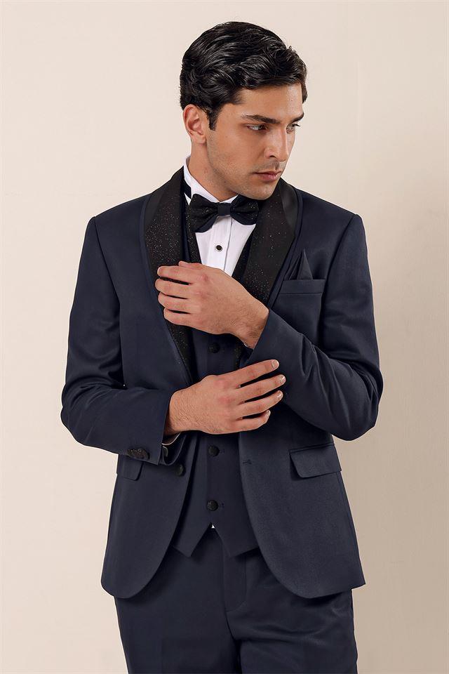 Lacivert Desenli Yelekli 6 Drop Slim Fit Smokin Damatlık Takım 1001230204