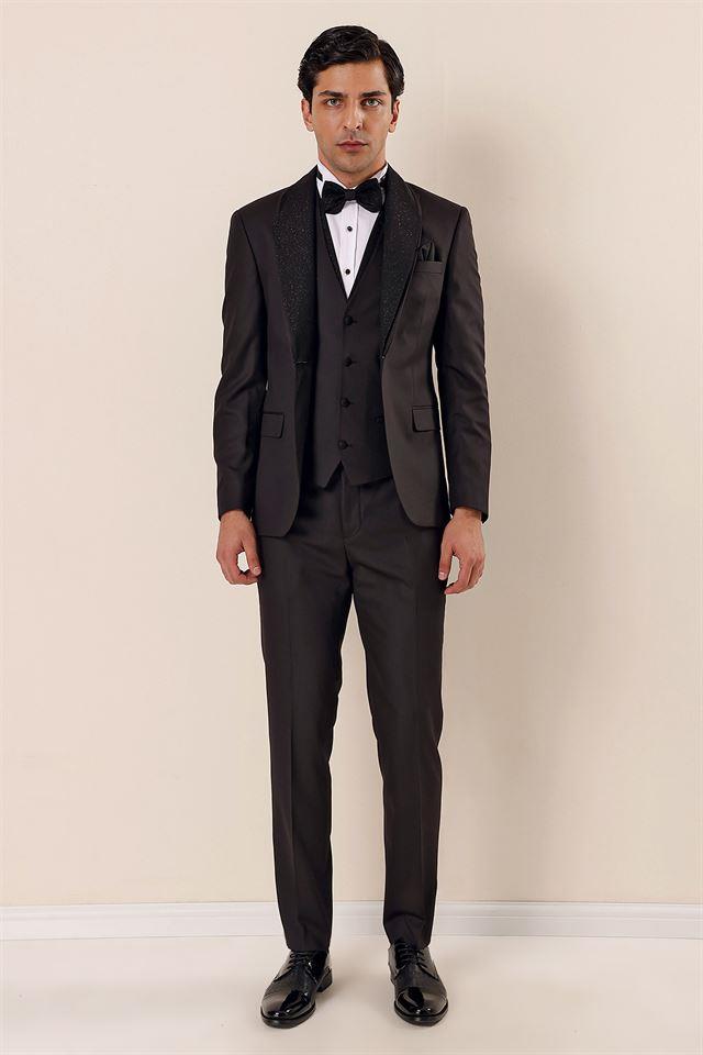 Siyah Desenli Yelekli 6 Drop Slim Fit Smokin Damatlık Takım 1001230203