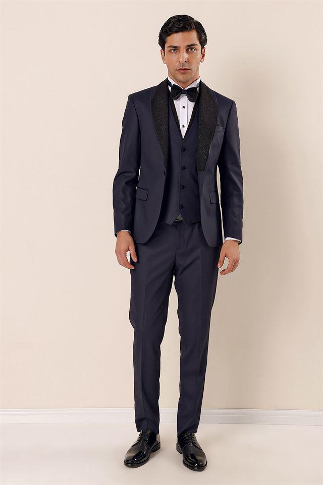 Lacivert Desenli Yelekli 6 Drop Slim Fit Smokin Damatlık Takım 1001230203