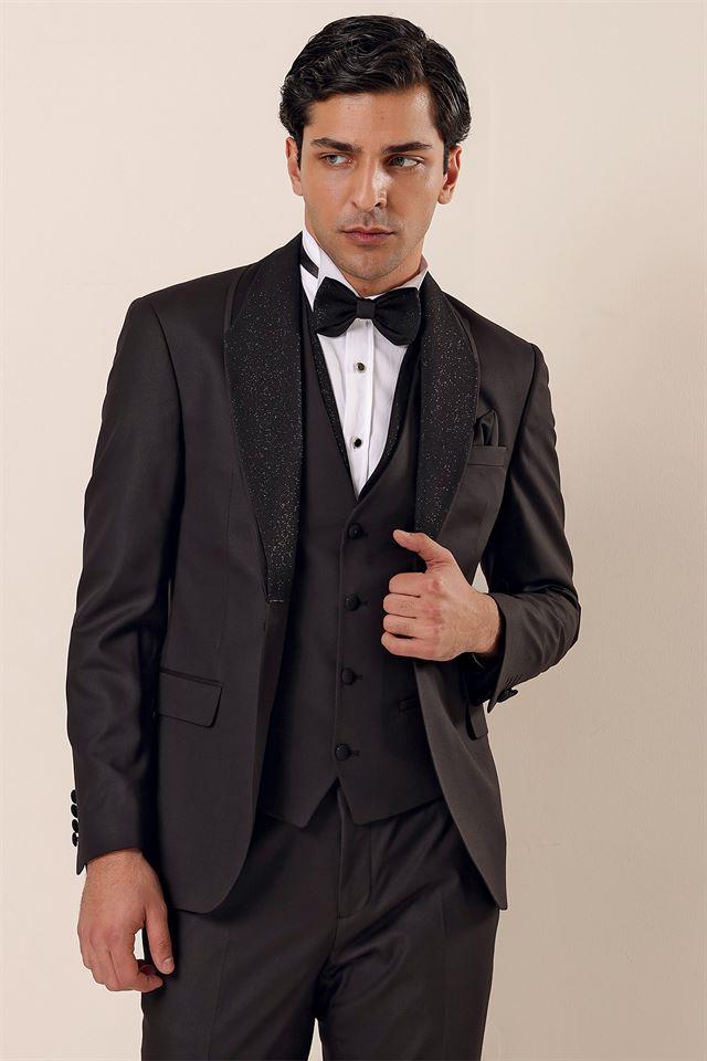 Siyah Desenli Yelekli 6 Drop Slim Fit Smokin Damatlık Takım 1001230203