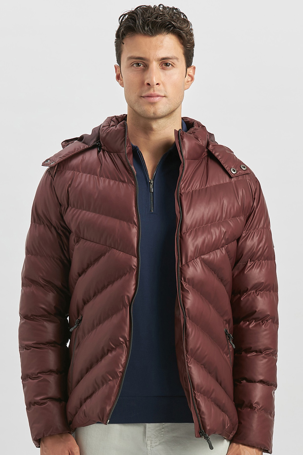 Bordo Dolumlu Çıkarılabilir Kapüşonlu Astarlı Slim Fit Dar Kesim Casual Mont 1007245151