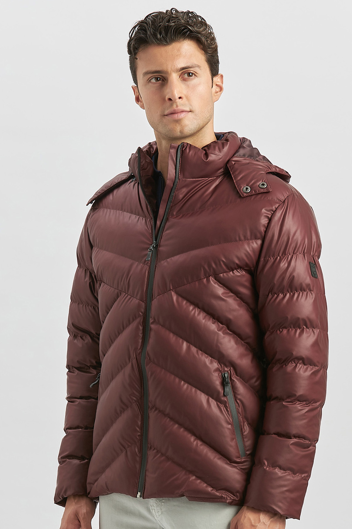 Bordo Dolumlu Çıkarılabilir Kapüşonlu Astarlı Slim Fit Dar Kesim Casual Mont 1007245151