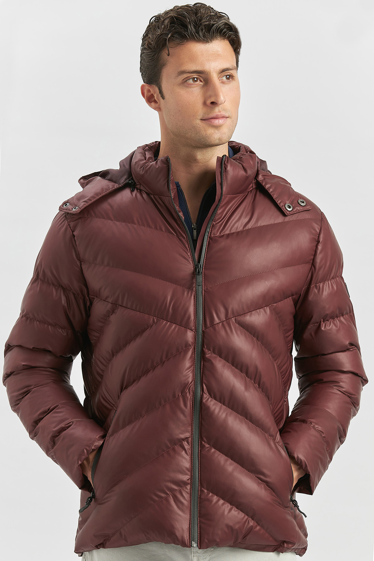 Bordo Dolumlu Çıkarılabilir Kapüşonlu Astarlı Slim Fit Dar Kesim Casual Mont 1007245151