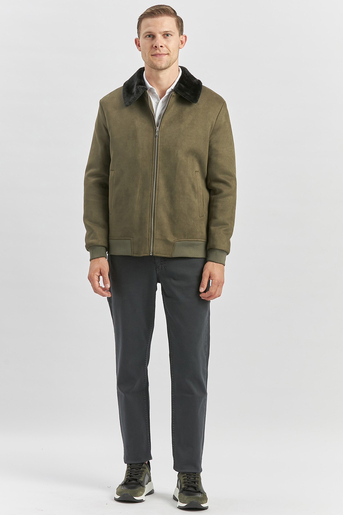 Haki Dolumlu Kürklü Yaka Likralı Kapitoneli Astar Slim Fit Dar Kesim Casual Mont 1007245152