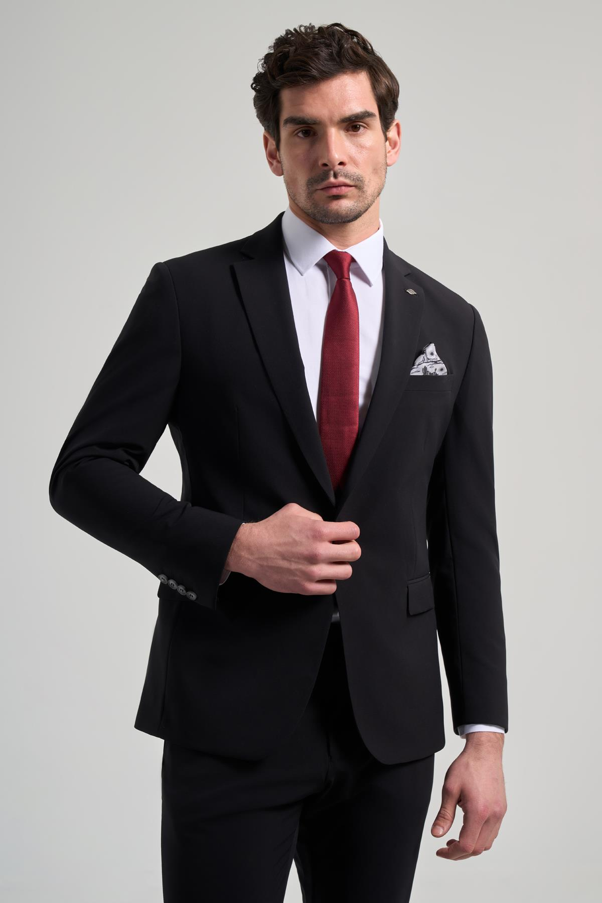 Siyah Mono Yaka Beli Lastikli 6 Drop Slim Fit Tam Astar Esnek Takım Elbise 1001250155