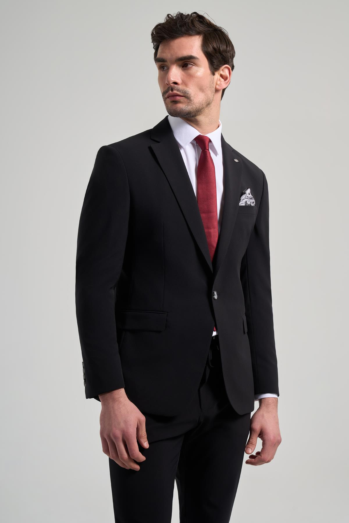 Siyah Mono Yaka Beli Lastikli 6 Drop Slim Fit Tam Astar Esnek Takım Elbise 1001250155
