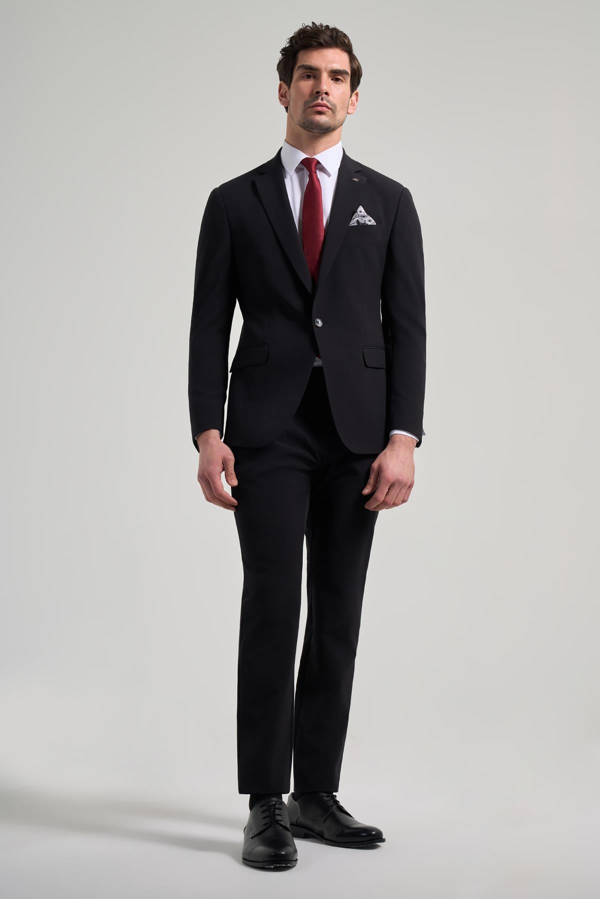 Siyah Mono Yaka Beli Lastikli 6 Drop Slim Fit Tam Astar Esnek Takım Elbise 1001250155