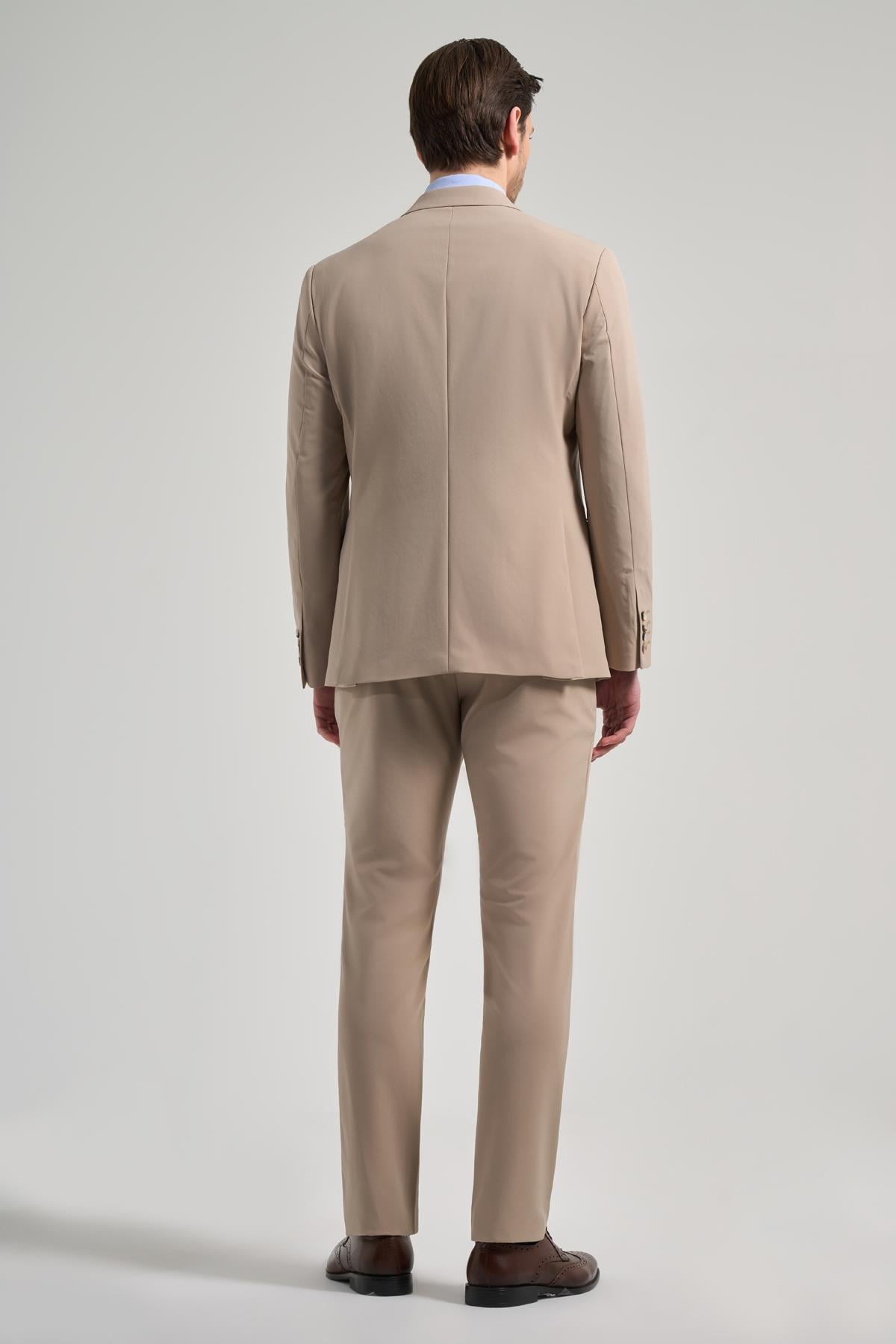 Bej Mono Yaka Beli Lastikli 6 Drop Slim Fit Tam Astar Esnek Takım Elbise 1001250155