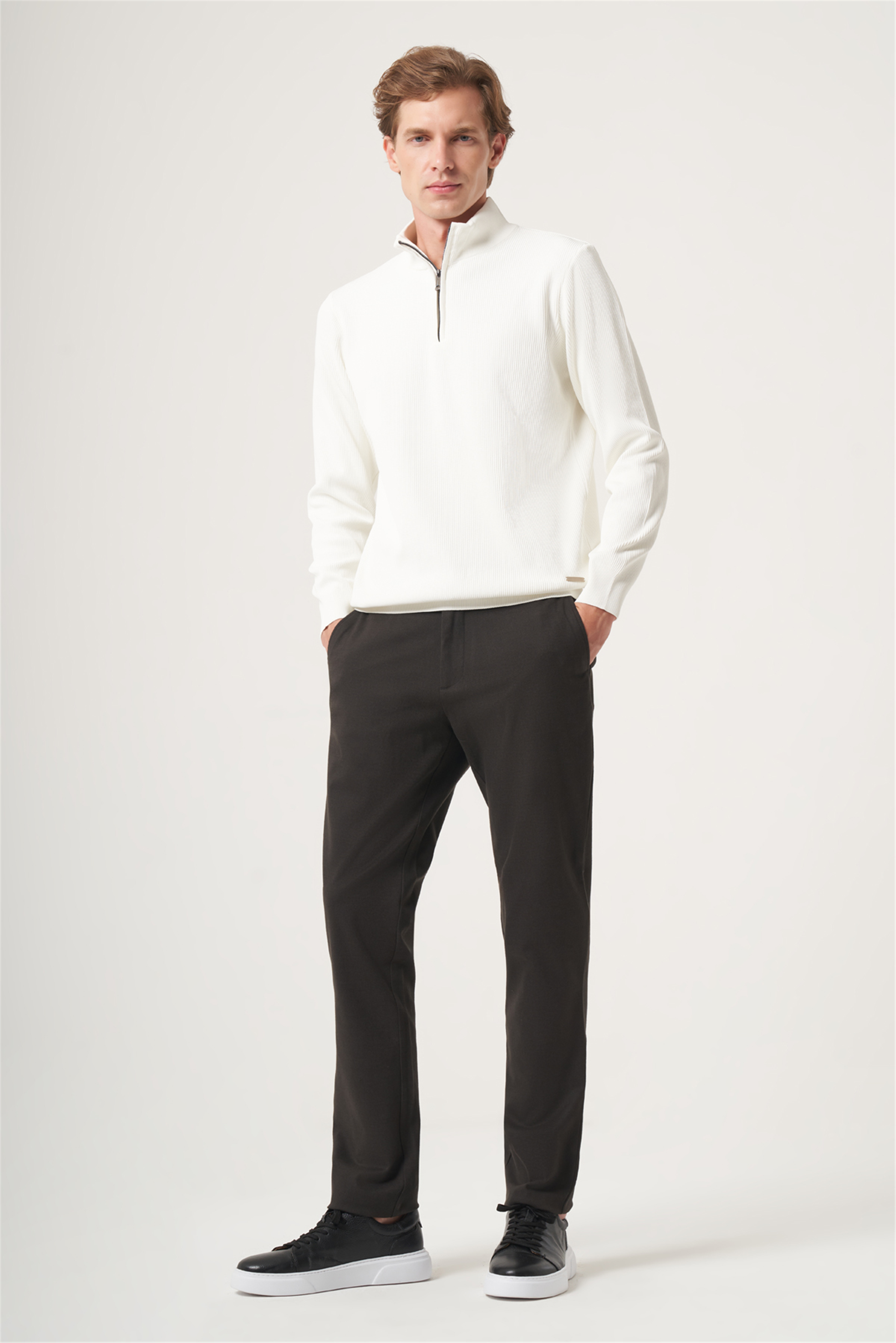 Ekru Dik Yaka Uzun Kol Örme Comfort Fit Pamuklu Kazak 1012265158