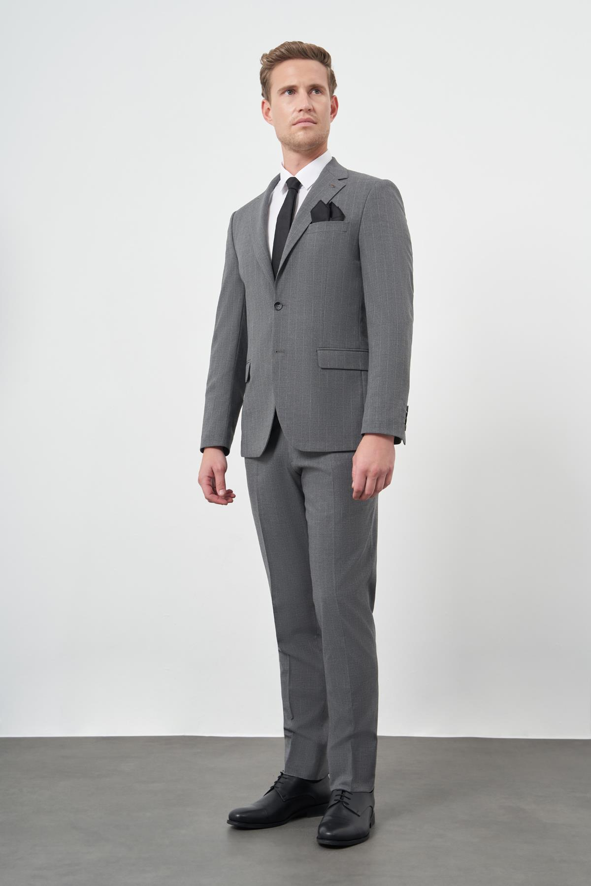 Füme Çizgili Mono Yaka Astarlı 6 Drop Slim Fit Dar Kesim Takım Elbise 1001245102