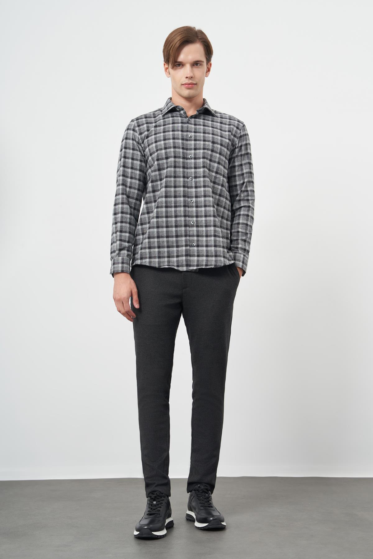 Füme Uzun Kol Ekose Desen Gabardin Sert Yaka Cepli Pamuklu Classic Comfort Fit Gömlek 1004245169