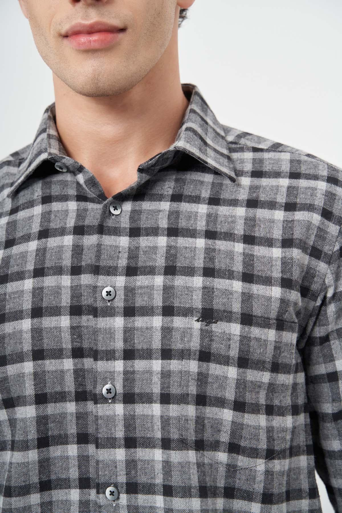 Füme Uzun Kol Ekose Desen Gabardin Sert Yaka Cepli Pamuklu Classic Comfort Fit Gömlek 1004245169