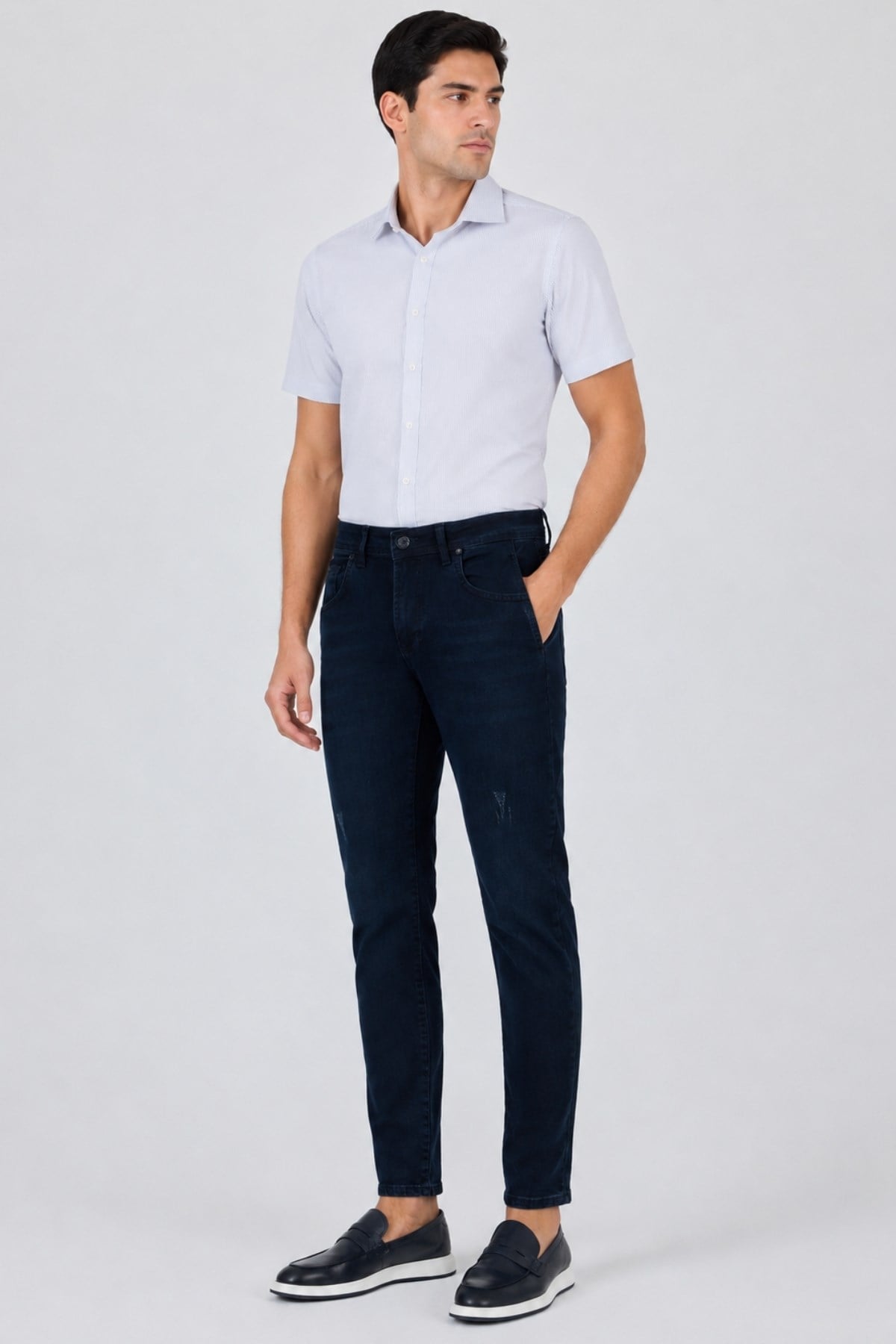 Lacivert Gabardin 5 Cep Düz Paça Casual Slim Fit Pamuklu Denim Pantolon 1023250150