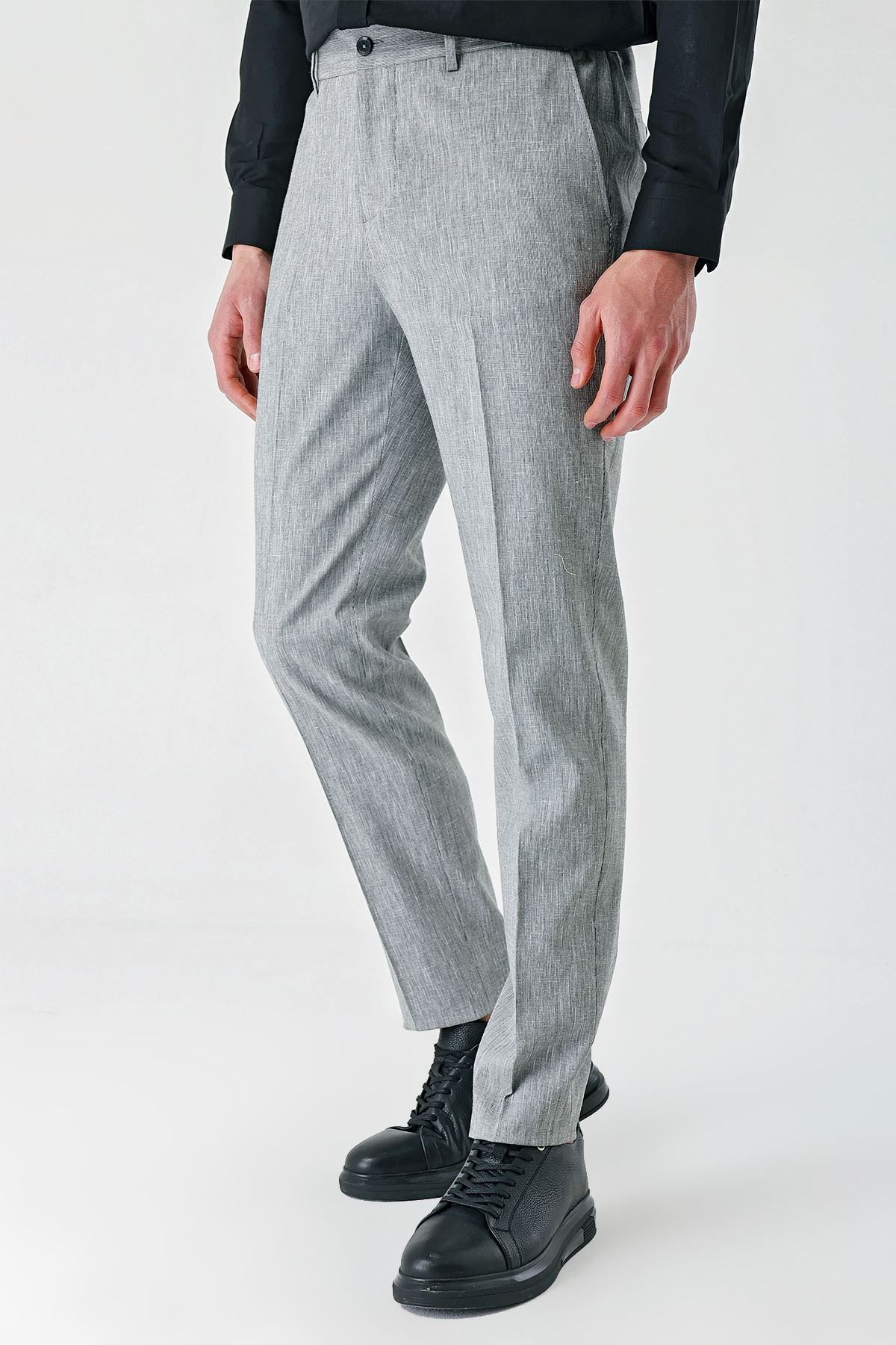 Gri Keten Lastikli Yandan Cepli Casual Slim Fit Jogger Pantolon 1003240103