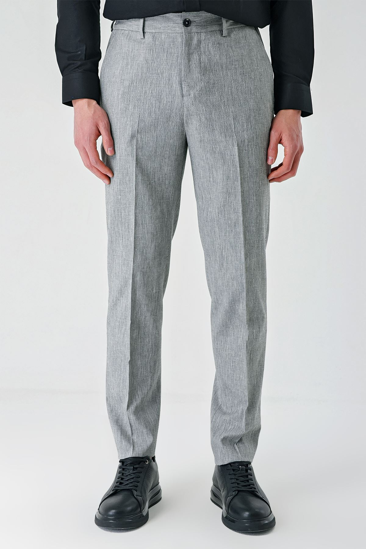 Gri Keten Lastikli Yandan Cepli Casual Slim Fit Jogger Pantolon 1003240103
