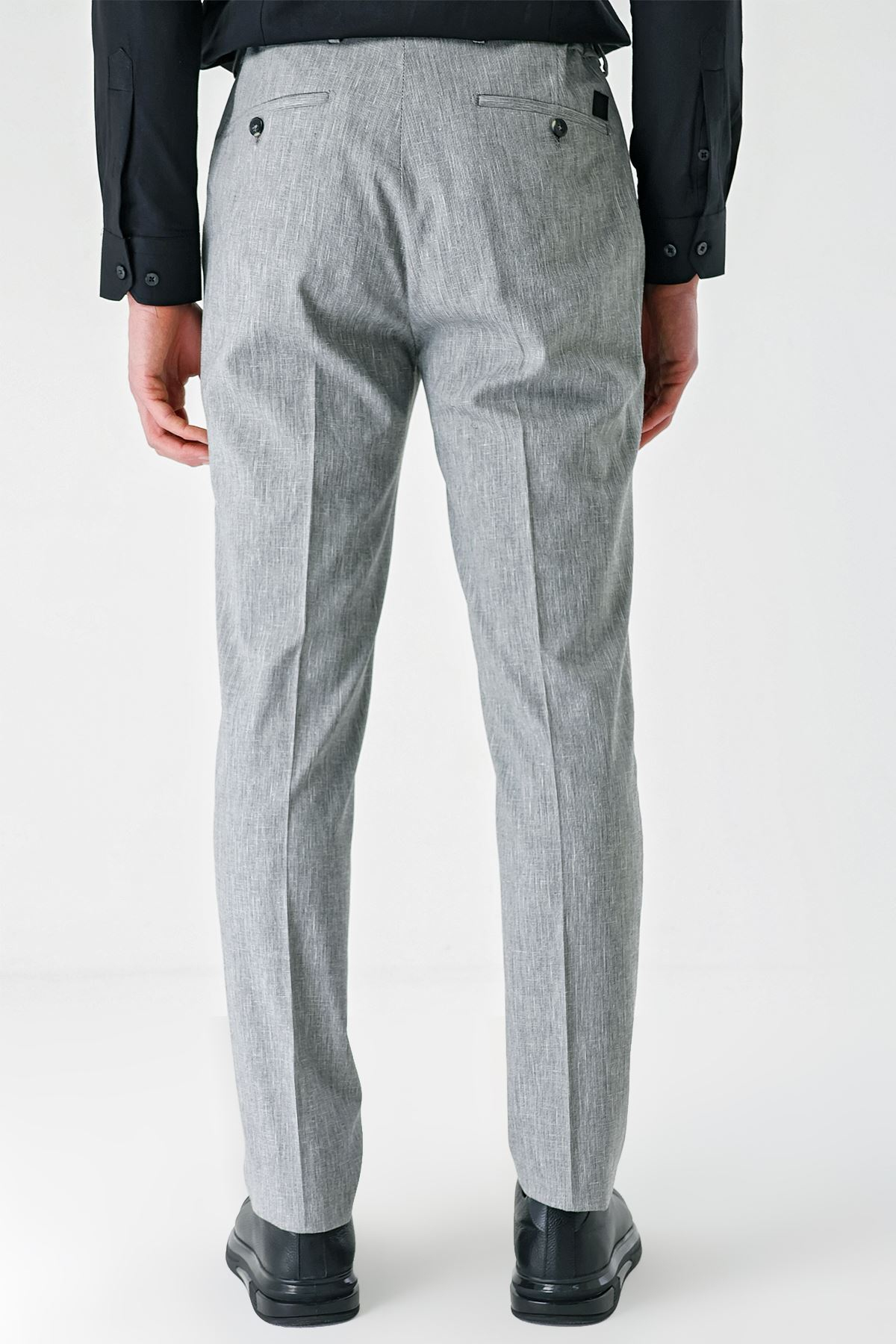 Gri Keten Lastikli Yandan Cepli Casual Slim Fit Jogger Pantolon 1003240103