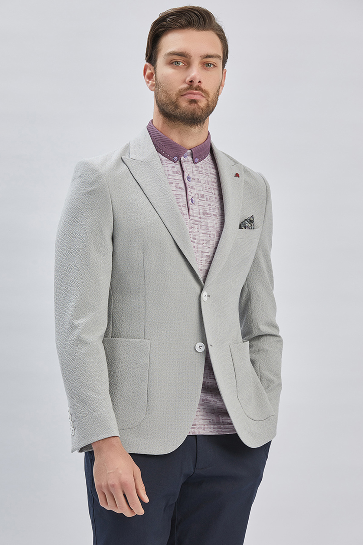 Gri Desenli Kırlangıç Yaka Likralı 6 Drop Slim Fit Dar Kesim Casual Ceket 1002240155