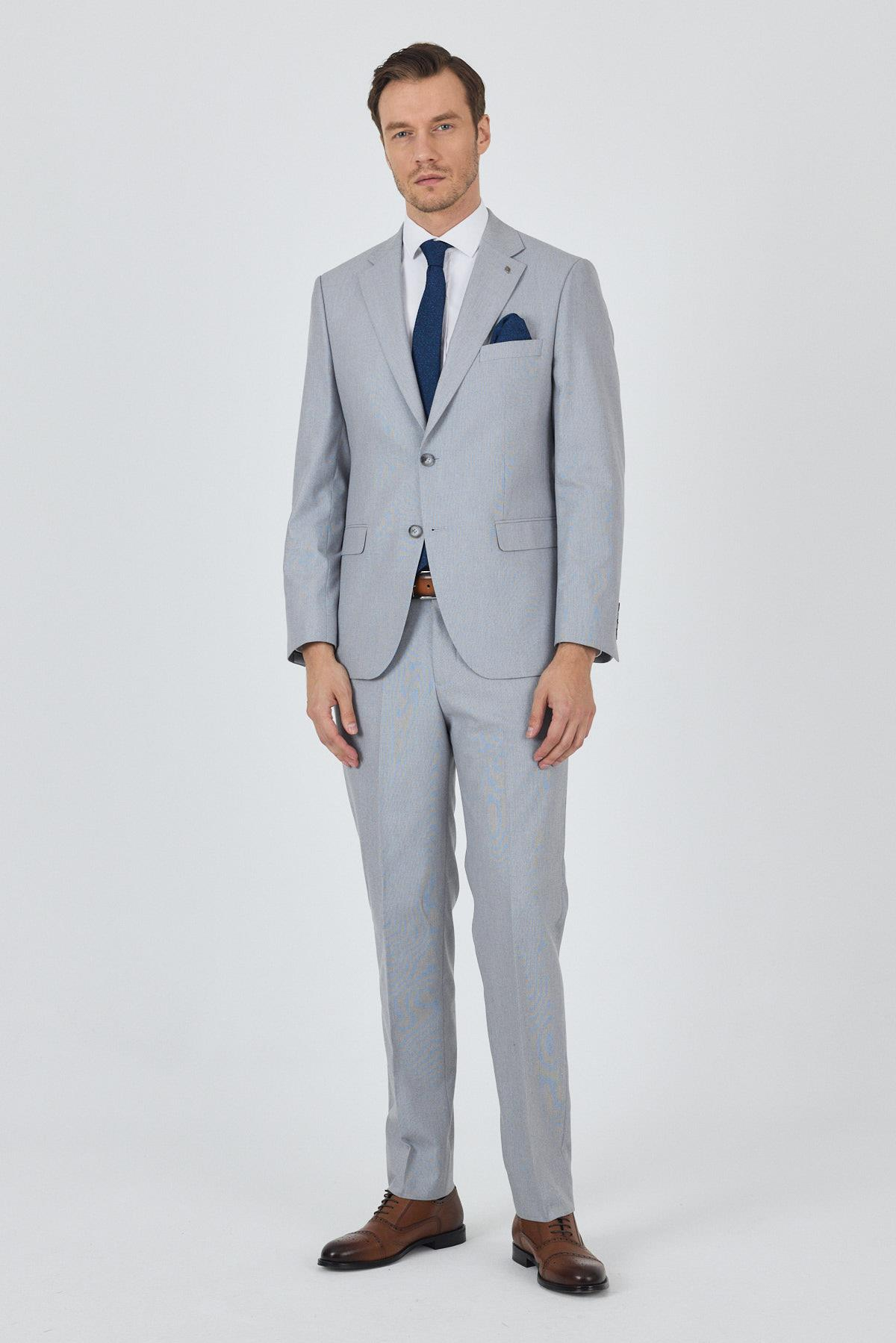 Gri Mono Yaka Desenli Astarlı Çift Yırtmaç Esnek 6 Drop Comfort Fit Classic Takım Elbise 1001250161