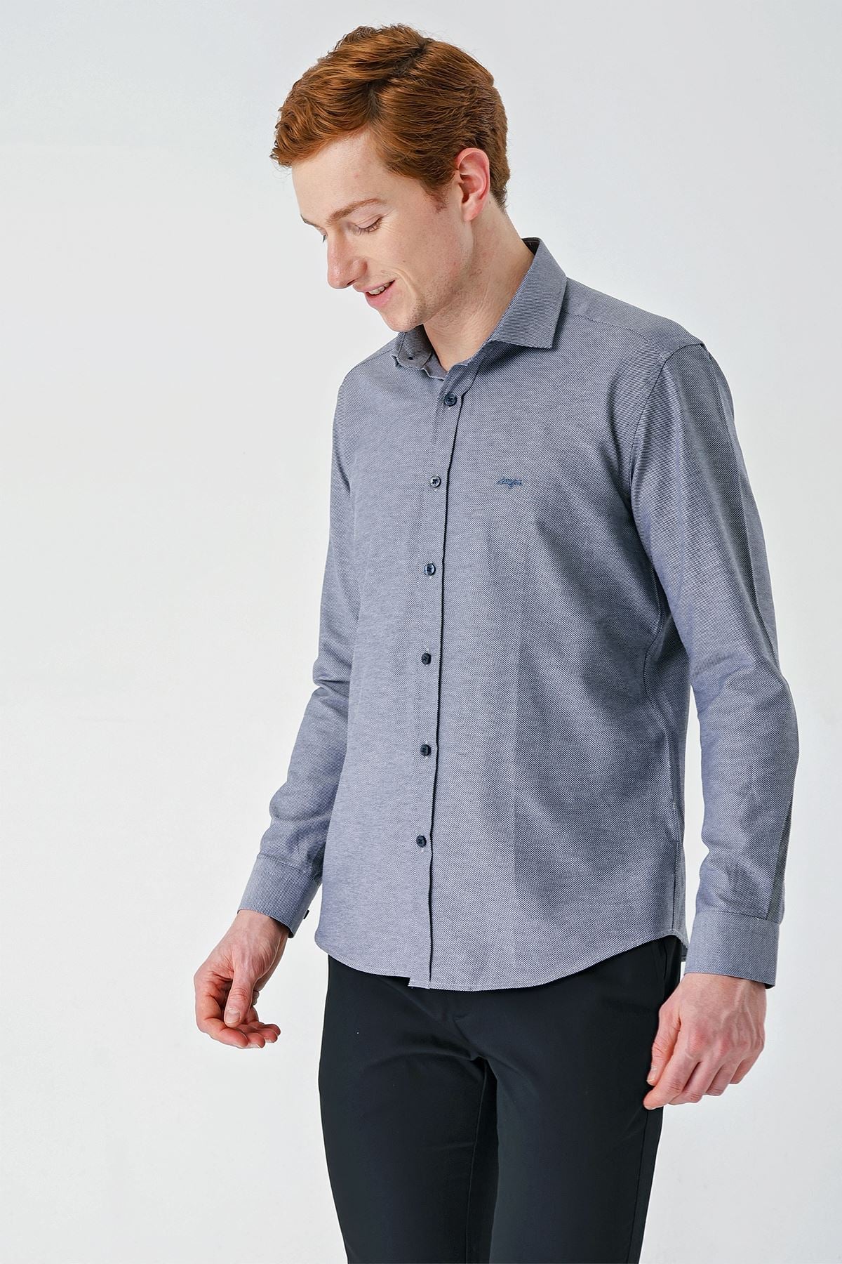 Gri Uzun Kollu Oxford Cepsiz Pamuklu Klasik Slim Fit Dar Kesim Gömlek 1004240235