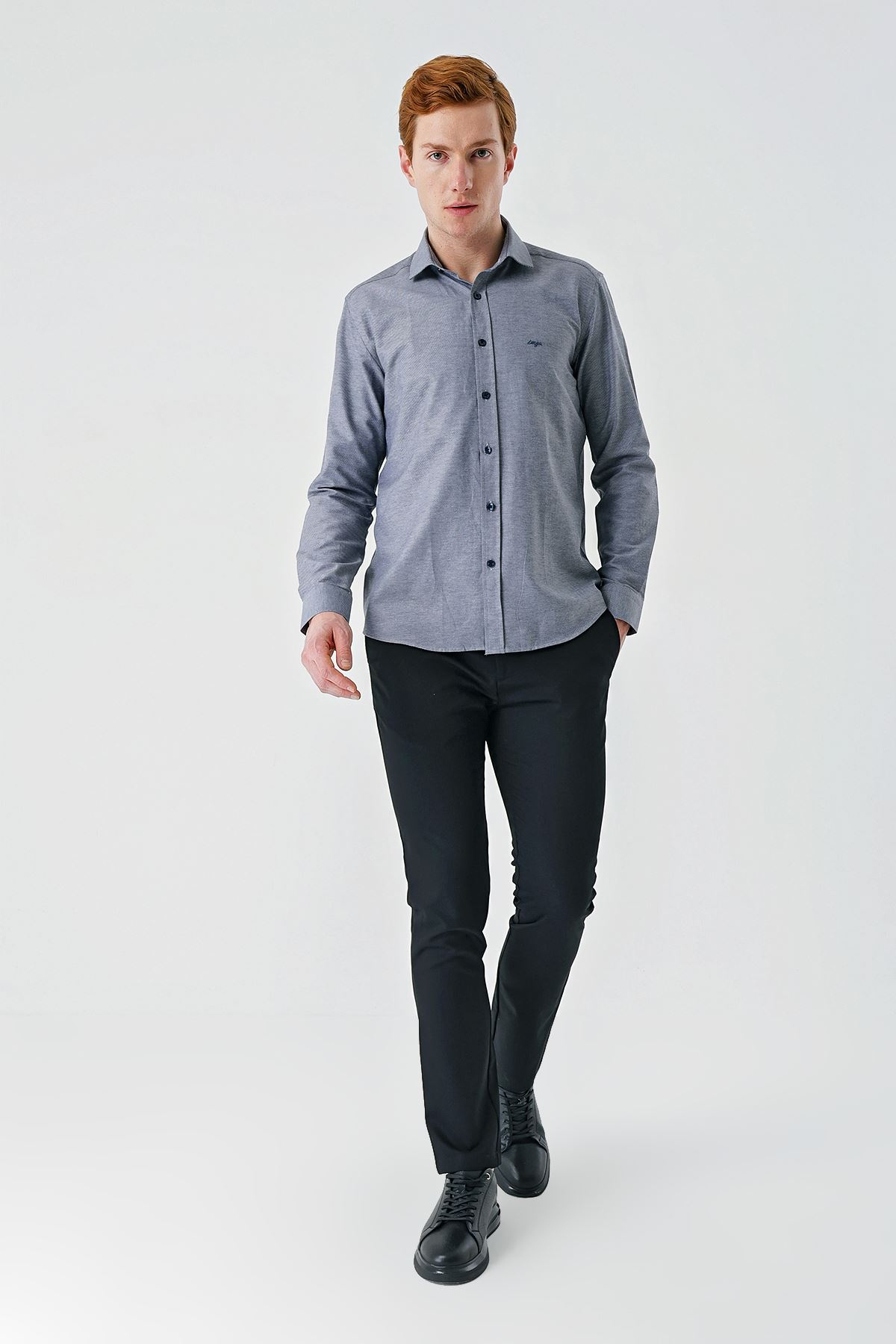 Gri Uzun Kollu Oxford Cepsiz Pamuklu Klasik Slim Fit Dar Kesim Gömlek 1004240235