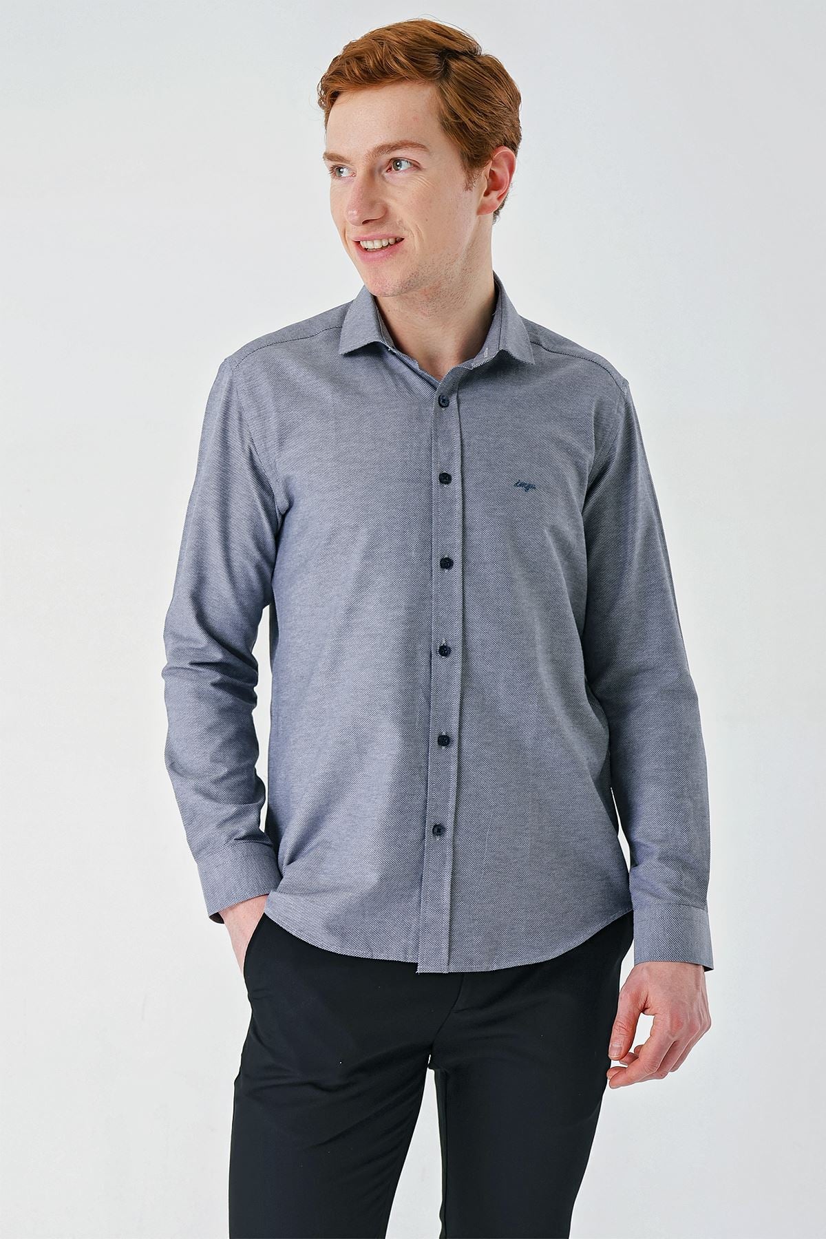 Gri Uzun Kollu Oxford Cepsiz Pamuklu Klasik Slim Fit Dar Kesim Gömlek 1004240235