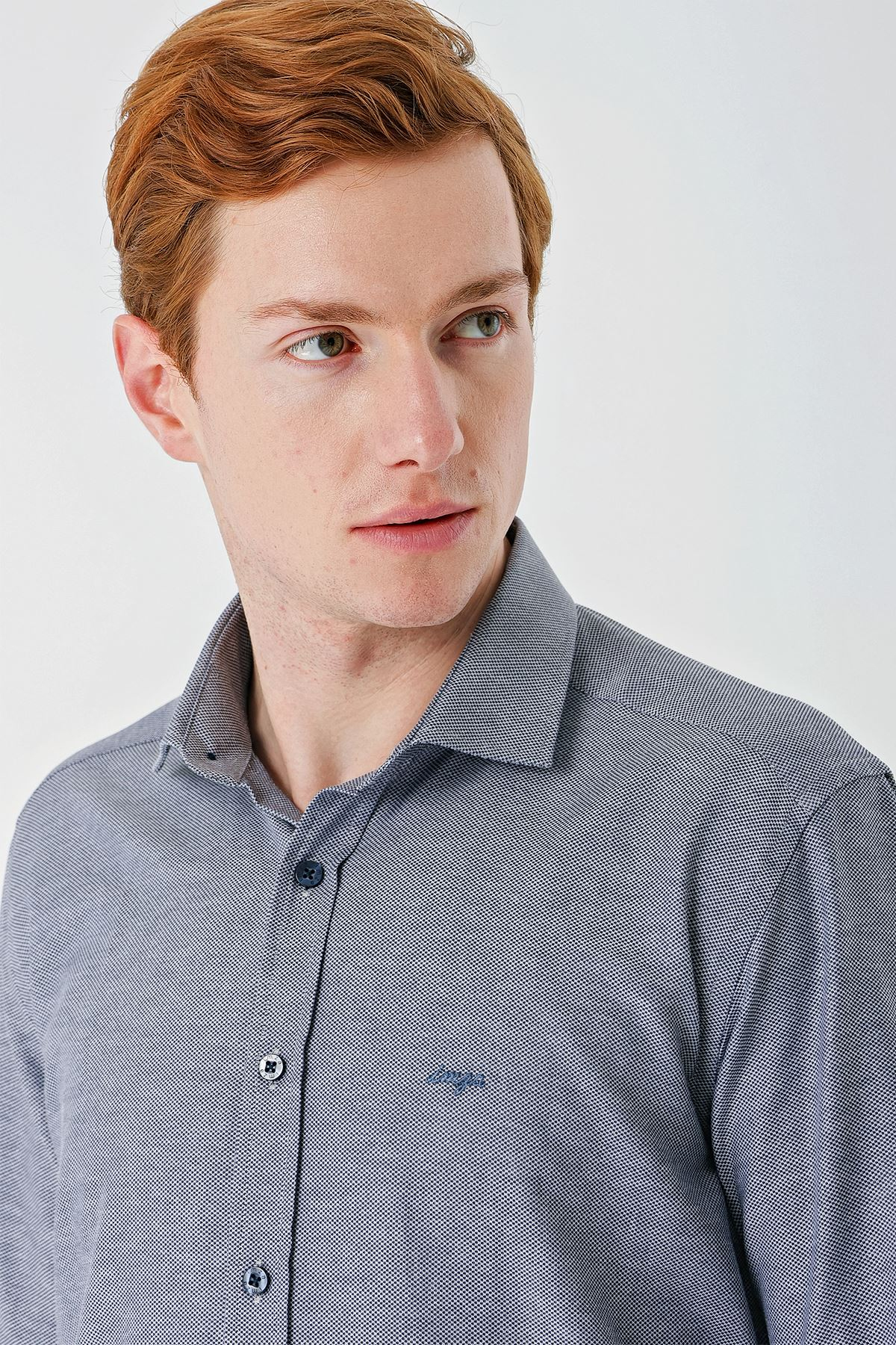 Gri Uzun Kollu Oxford Cepsiz Pamuklu Klasik Slim Fit Dar Kesim Gömlek 1004240235