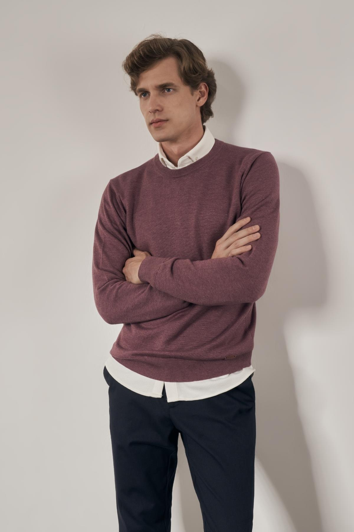 Pembe Bisiklet Yaka Cepsiz Comfort Fit Classic Yünlü Triko Kazak 1012255006