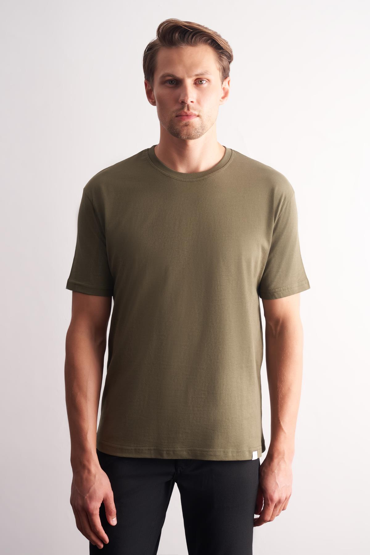 Haki Bisiklet Yaka Kısa Kol Slim Fit Pamuklu Tişört 1011255106