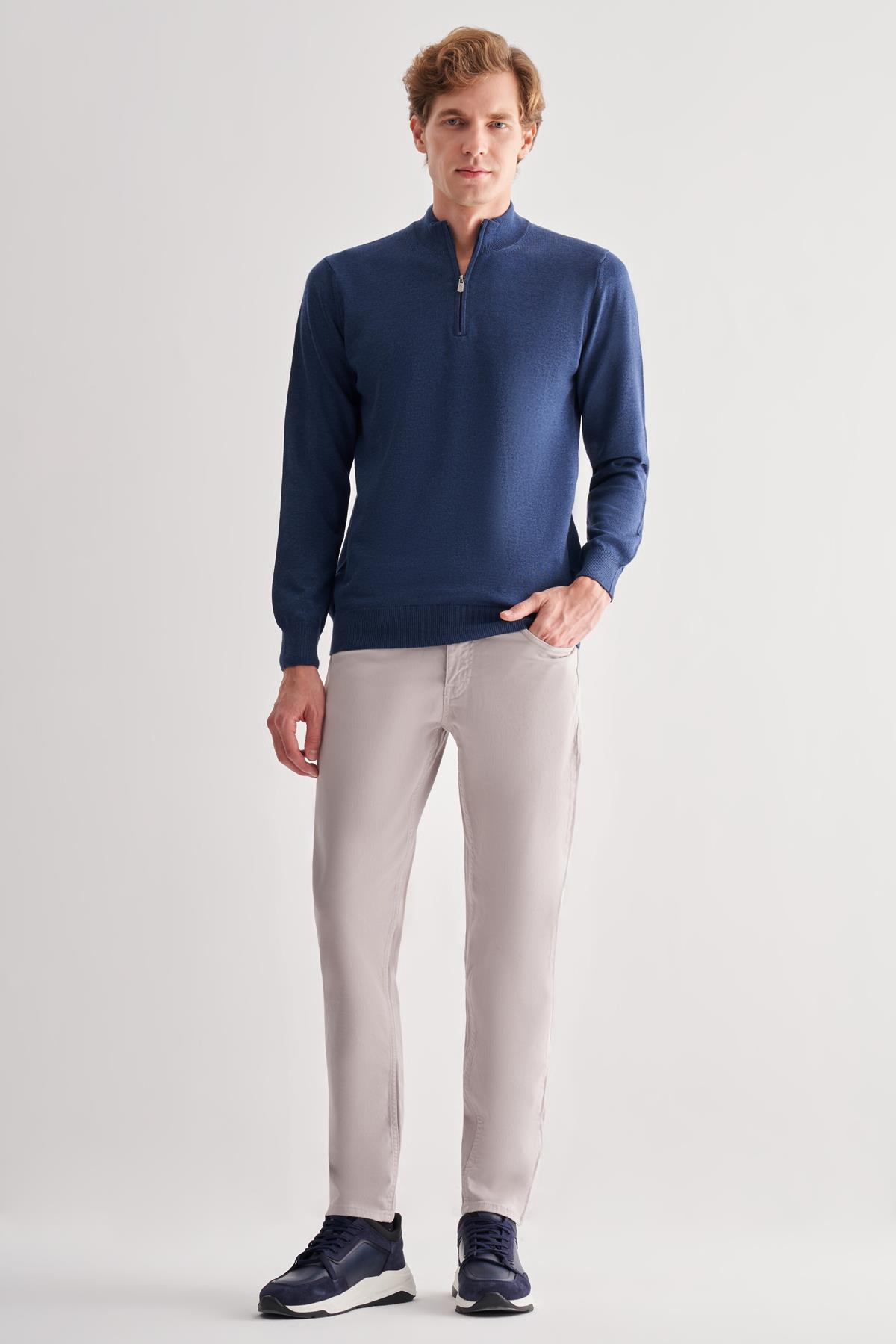 İndigo Fermuarlı Dik Yaka Uzun Kol Cepsiz Comfort Fit Classic Pamuklu Triko Kazak 1012255201