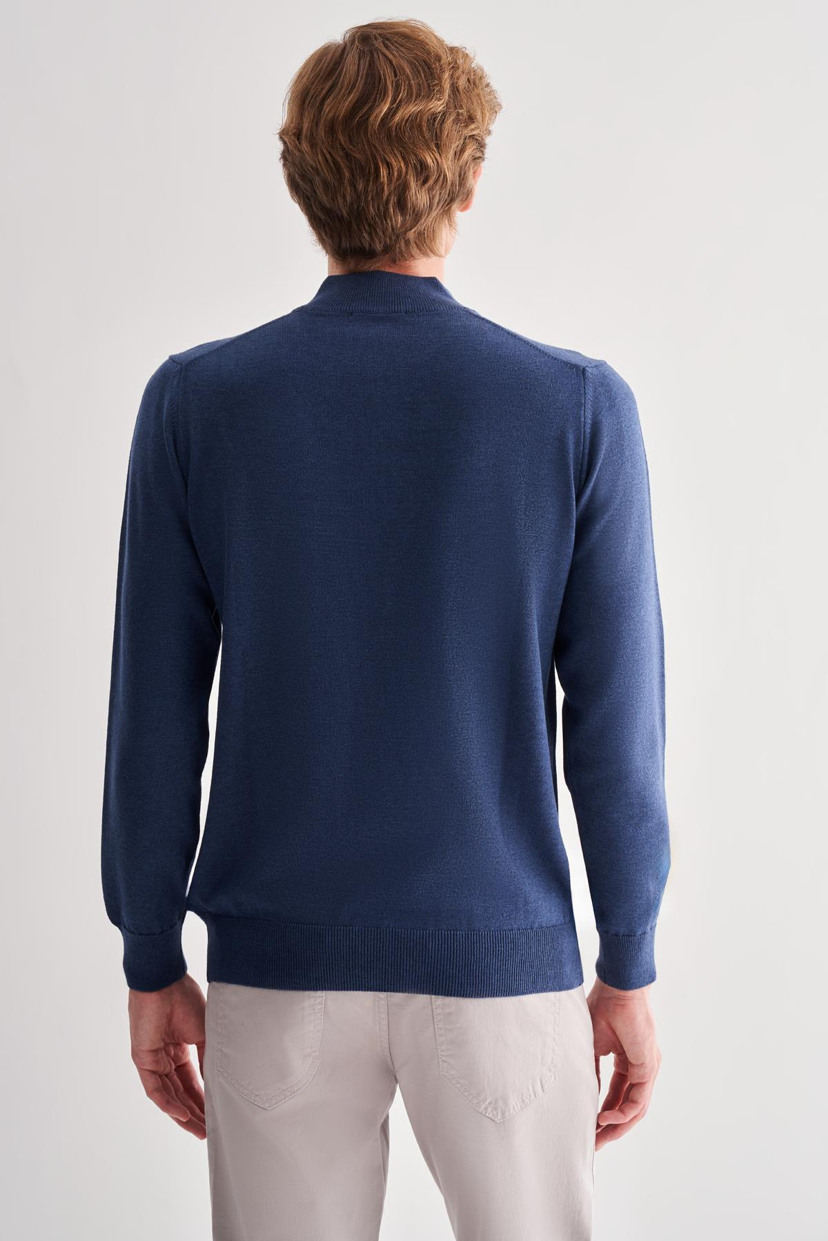 İndigo Fermuarlı Dik Yaka Uzun Kol Cepsiz Comfort Fit Classic Pamuklu Triko Kazak 1012255201