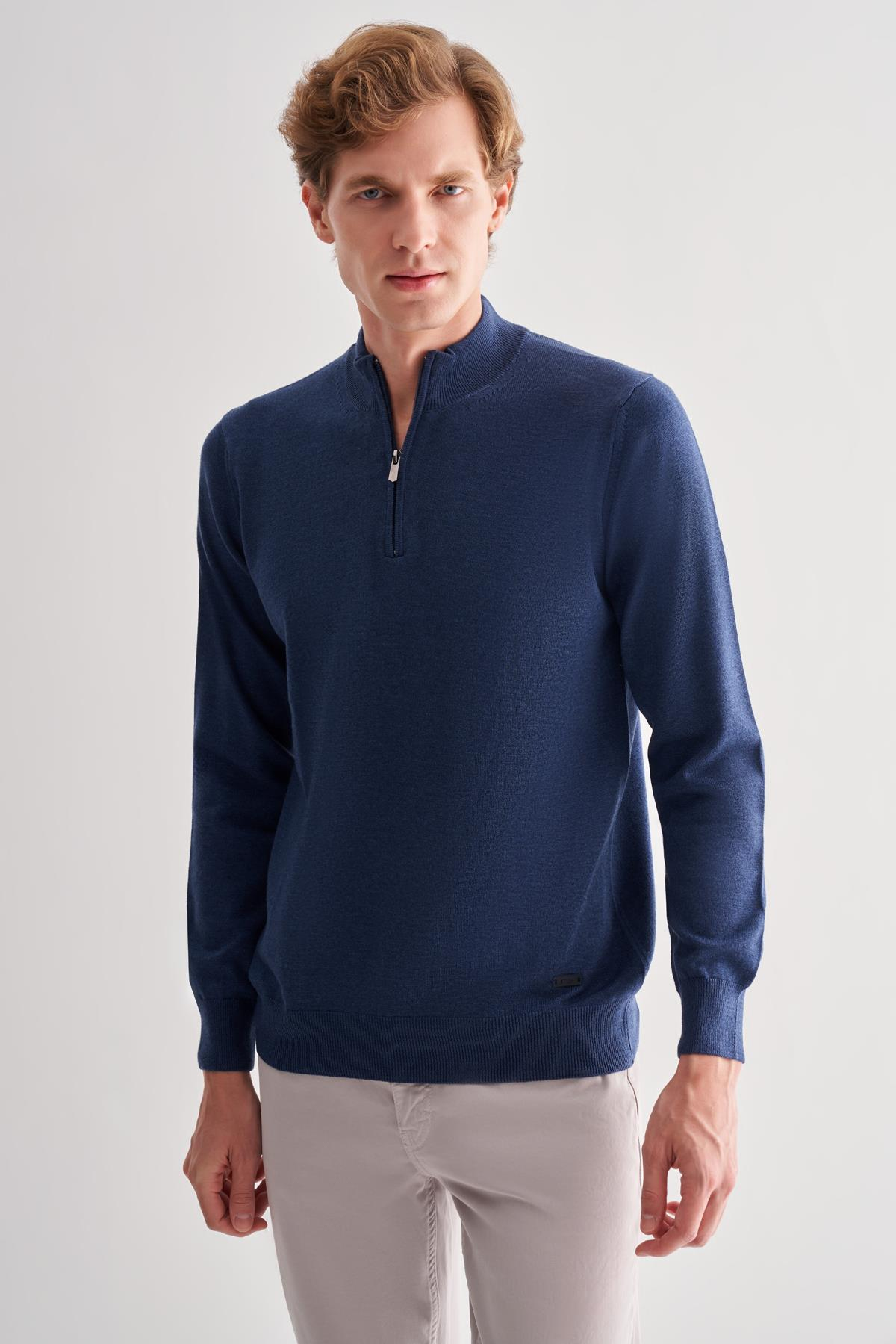 İndigo Fermuarlı Dik Yaka Uzun Kol Cepsiz Comfort Fit Classic Pamuklu Triko Kazak 1012255201