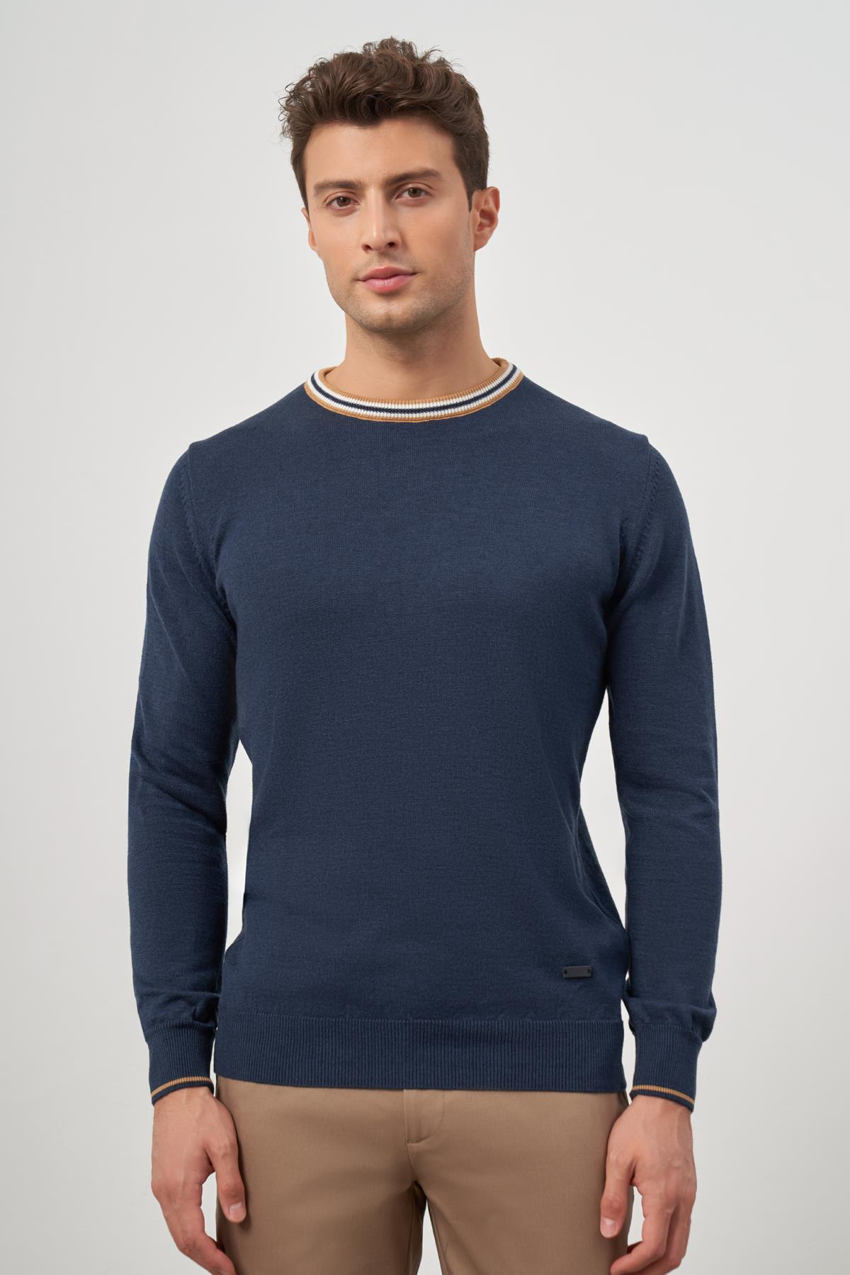 İndigo Uzun Kol Düz Örme Bisiklet Yaka Classic Slim Fit Triko 1012245108
