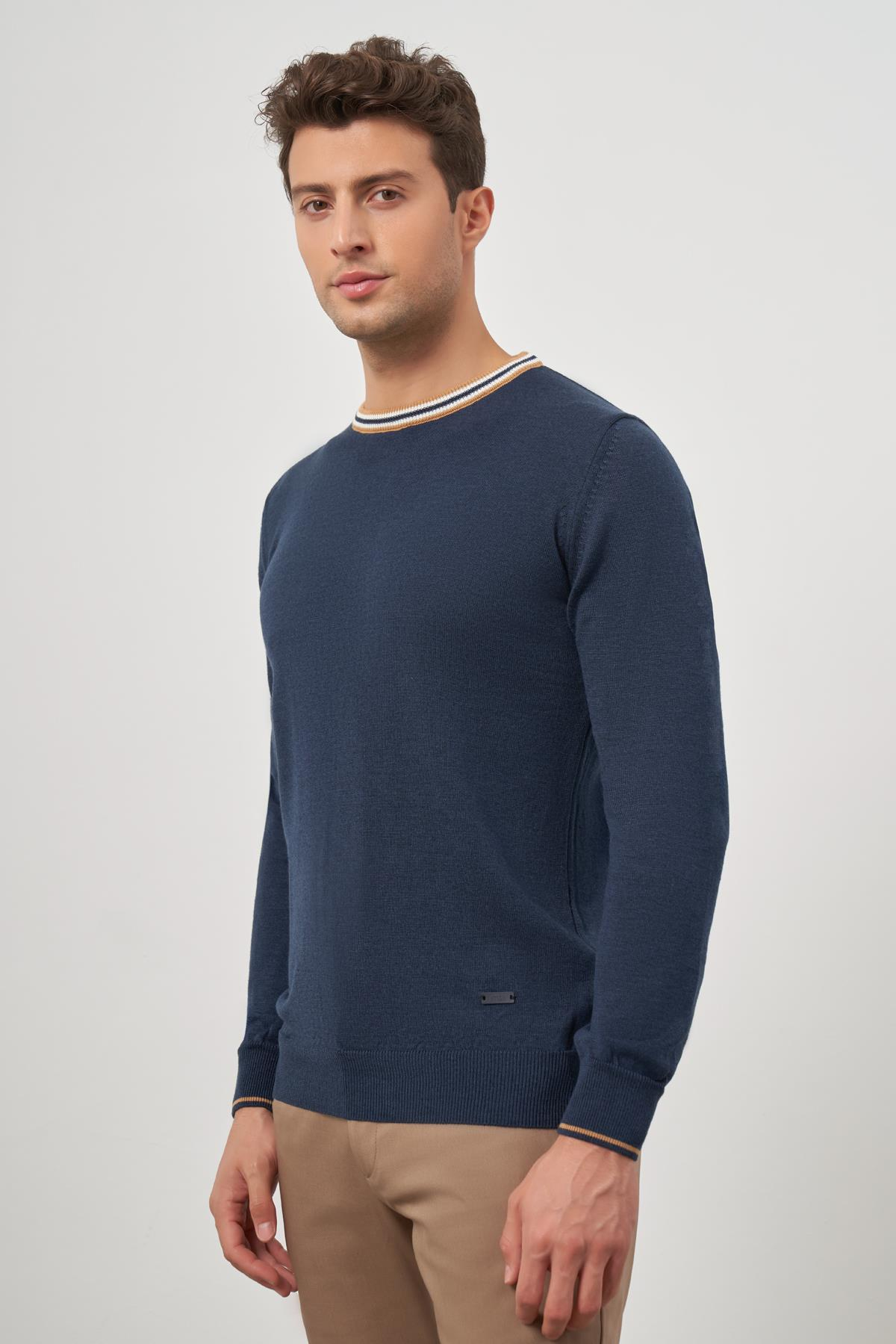 İndigo Uzun Kol Düz Örme Bisiklet Yaka Classic Slim Fit Triko 1012245108