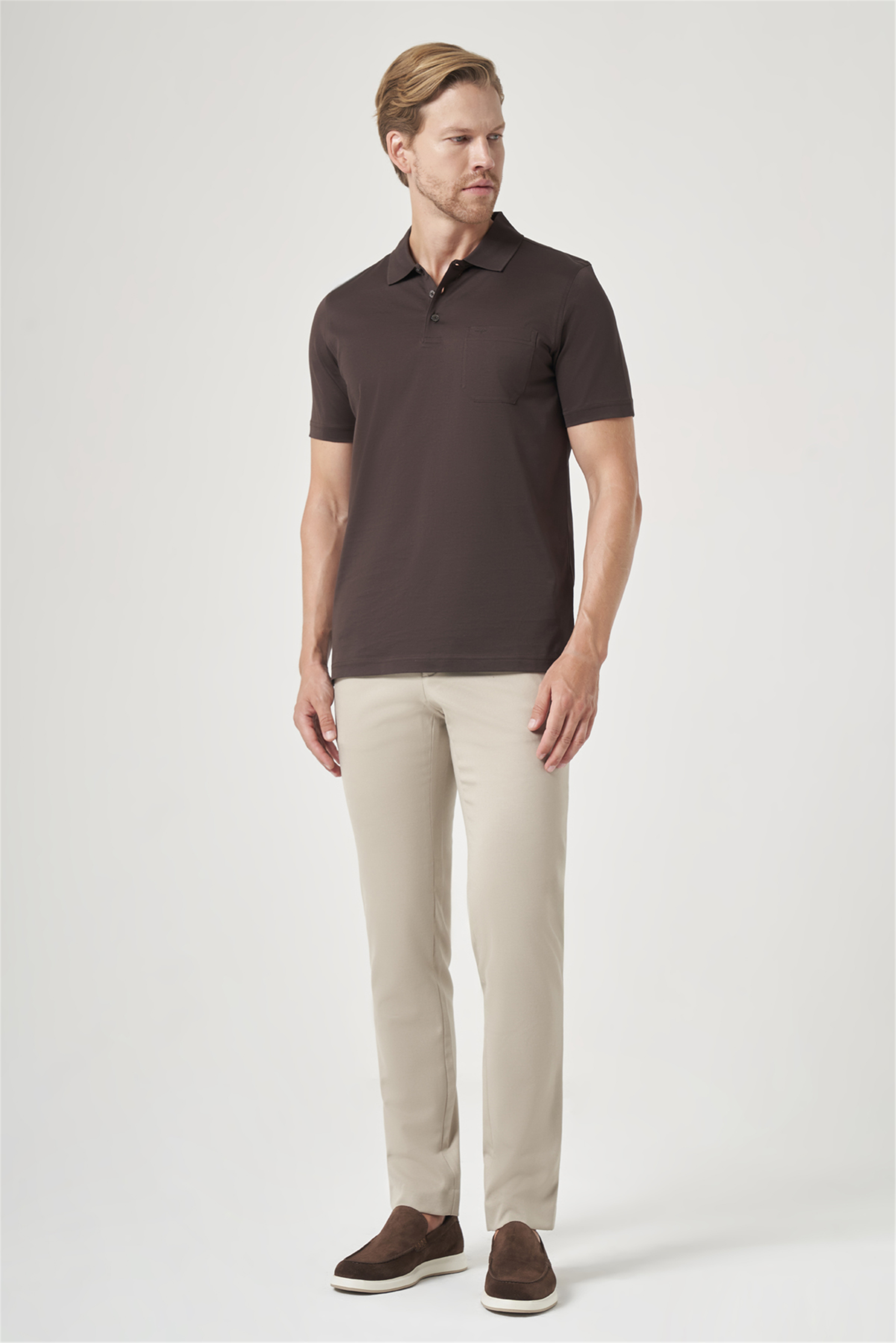 Kahverengi Polo Yaka Kısa Kol Cepli Comfort Fit %100 Pamuk Tişört 1011260163