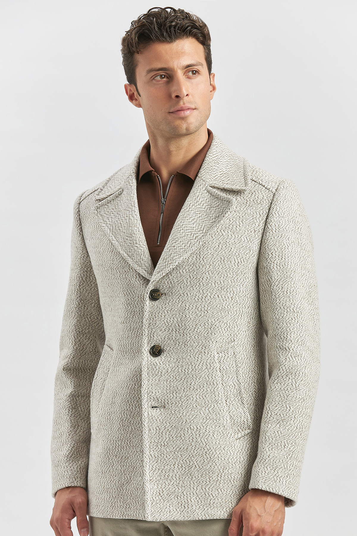 Bej Kaşe Kırlangıç Yaka Desenli Astarlı Slim Fit Dar Kesim Klasik Mont 1007245150