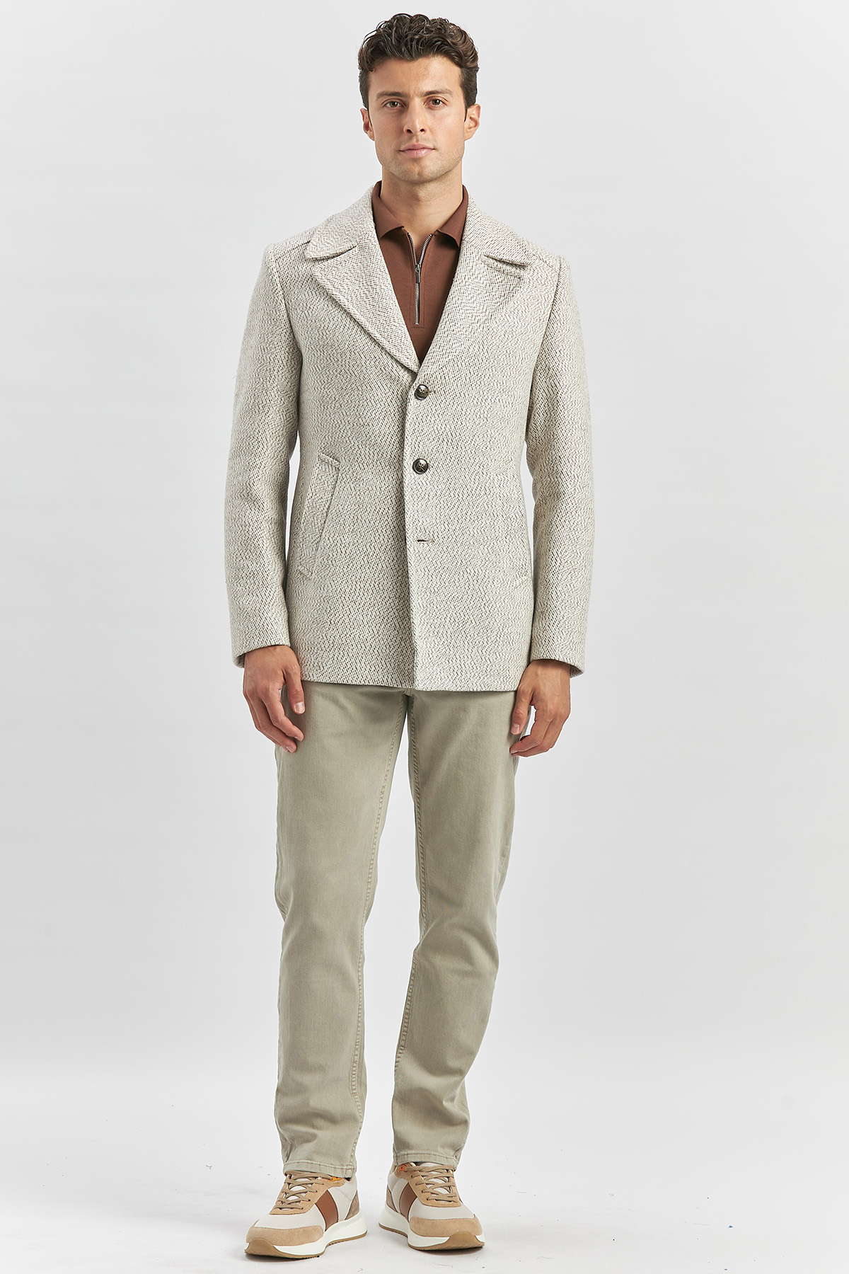 Bej Kaşe Kırlangıç Yaka Desenli Astarlı Slim Fit Dar Kesim Klasik Mont 1007245150