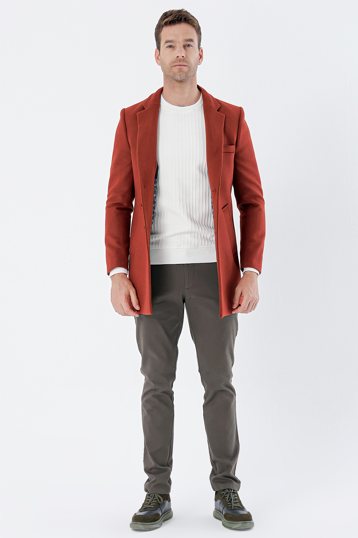 Kırmızı Kaşe Mono Yaka Kapitoneli Astar Slim Fit Dar Kesim Klasik Kaban 1008235171