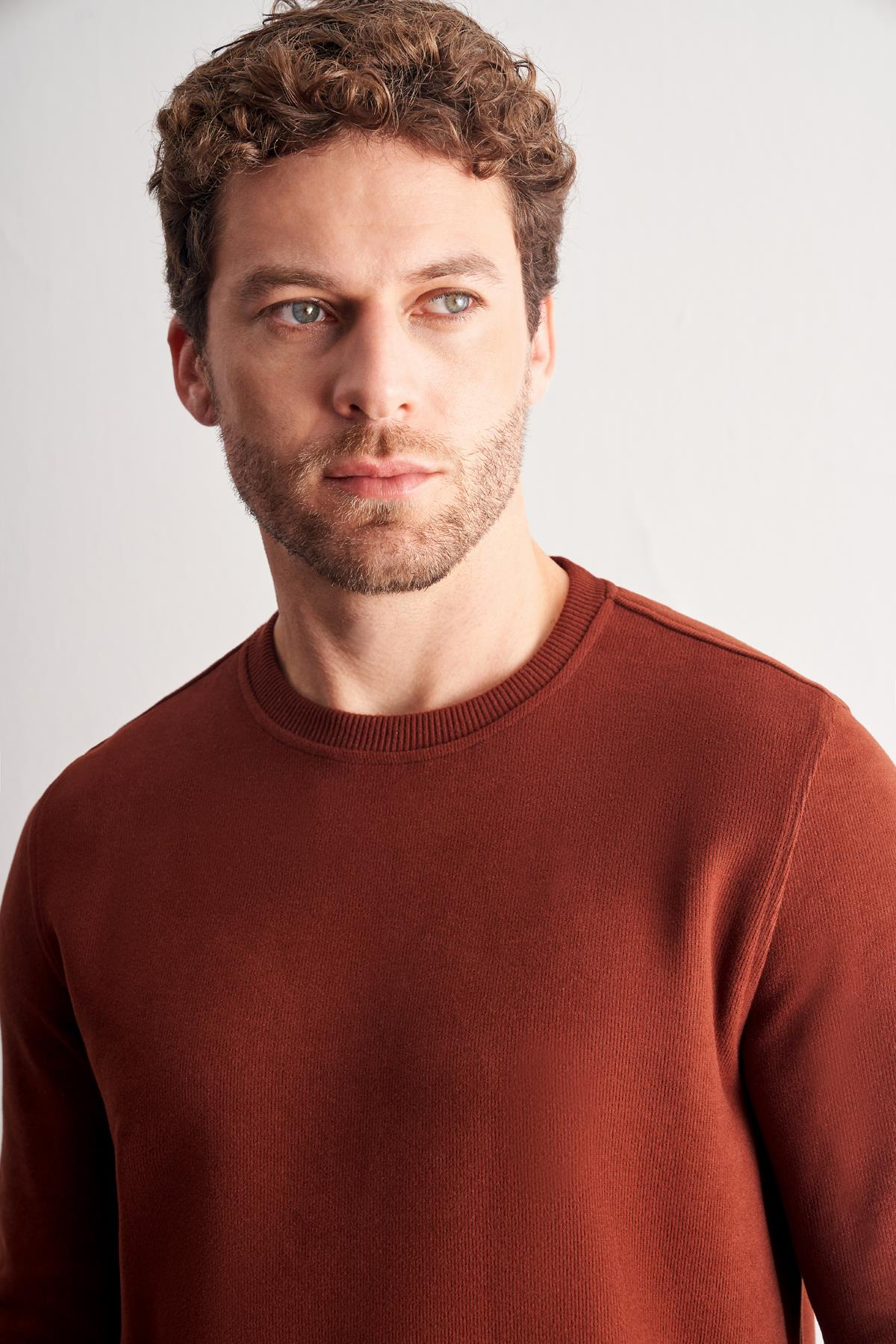 Kırmızı Uzun Kol Bisiklet Yaka Düz Pamuklu Comfort Fit Sweatshirt 1013255150