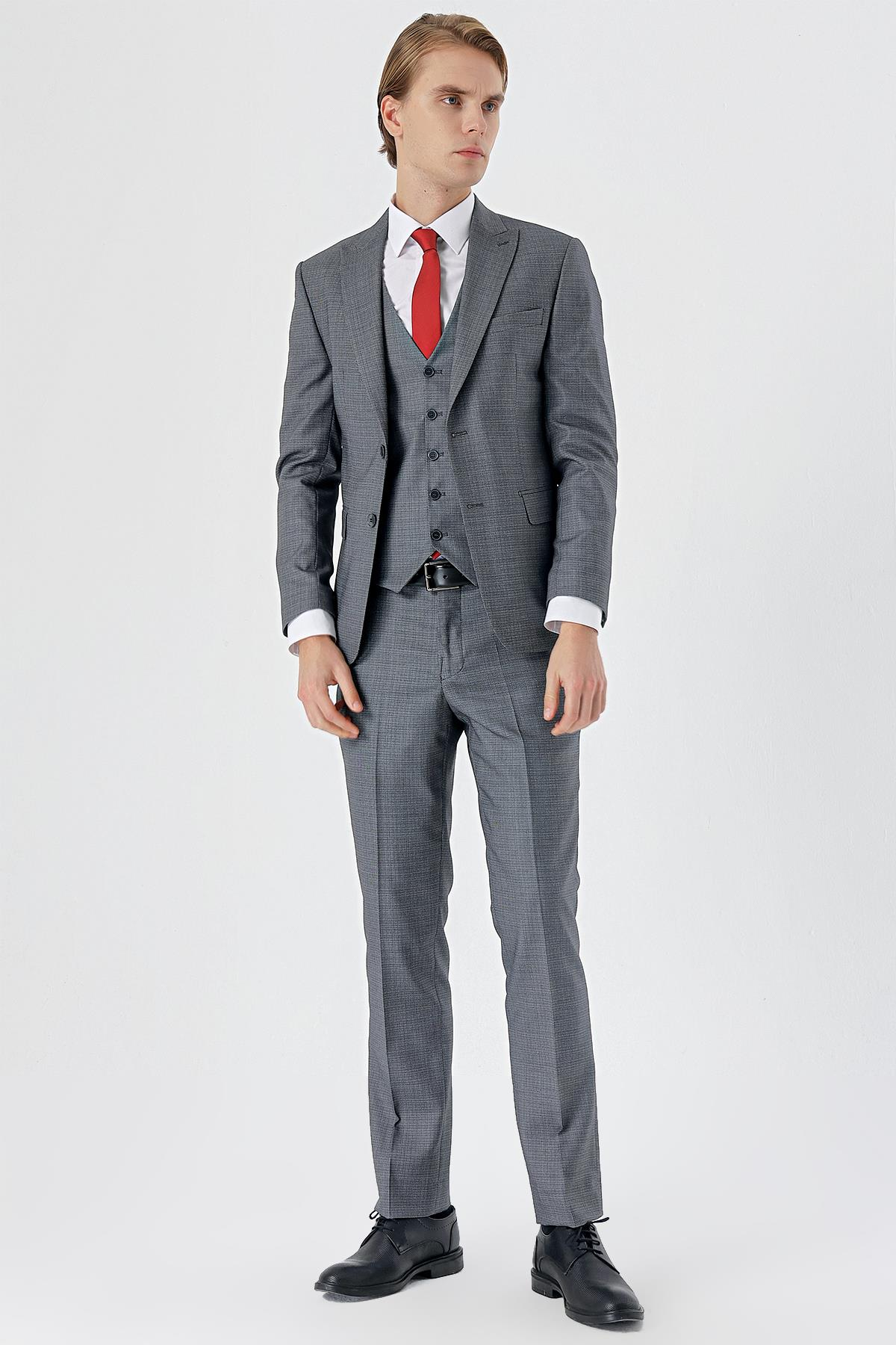 Füme Kırlangıç Yaka Yelekli 6 Drop Slim Fit Tam Astar Takım Elbise 1001235177