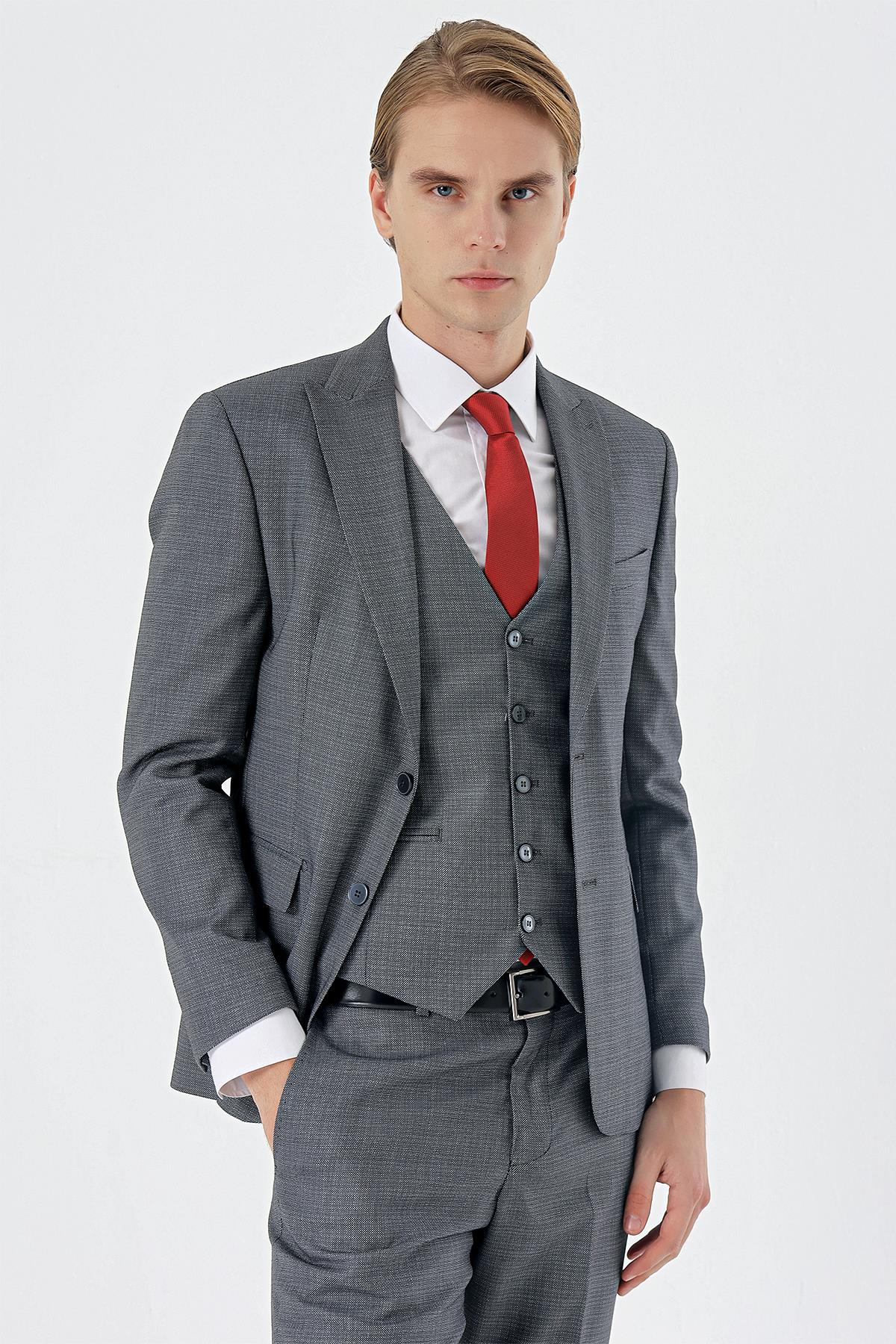 Füme Kırlangıç Yaka Yelekli 6 Drop Slim Fit Tam Astar Takım Elbise 1001235177