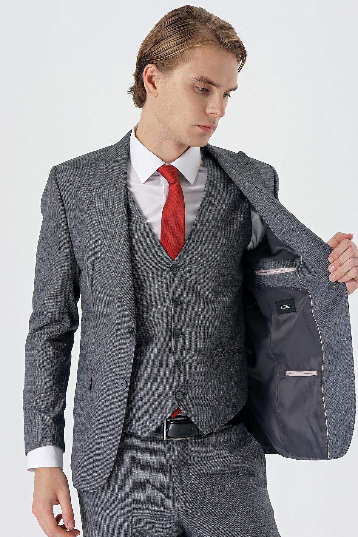 Füme Kırlangıç Yaka Yelekli 6 Drop Slim Fit Tam Astar Takım Elbise 1001235177